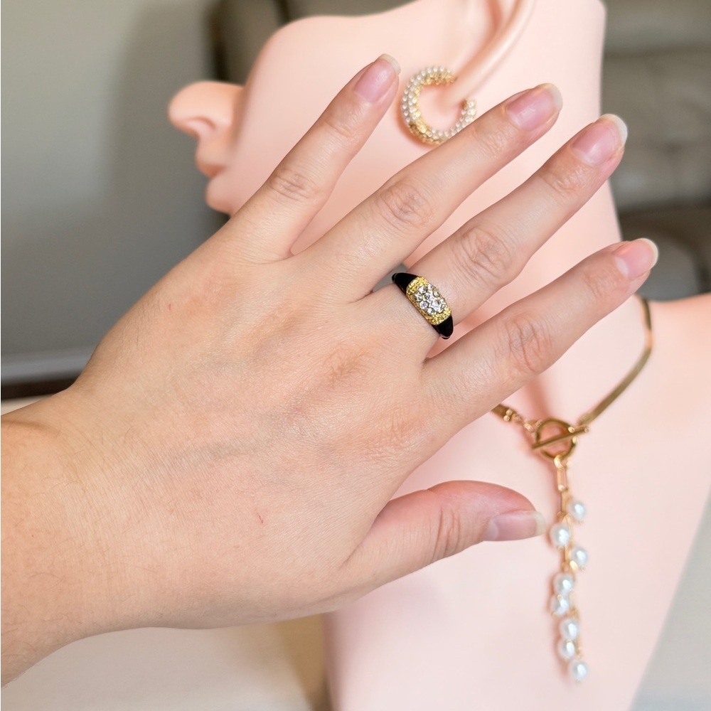 Classic Black Enamel and Gold Band Ring with Crystal Accents